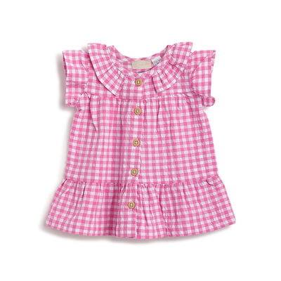 Girls Dark Pink Checked Short Sleeve Dress